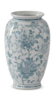 Teal and white porcelain chinoiserie vase with a floral pattern and a tapered base.