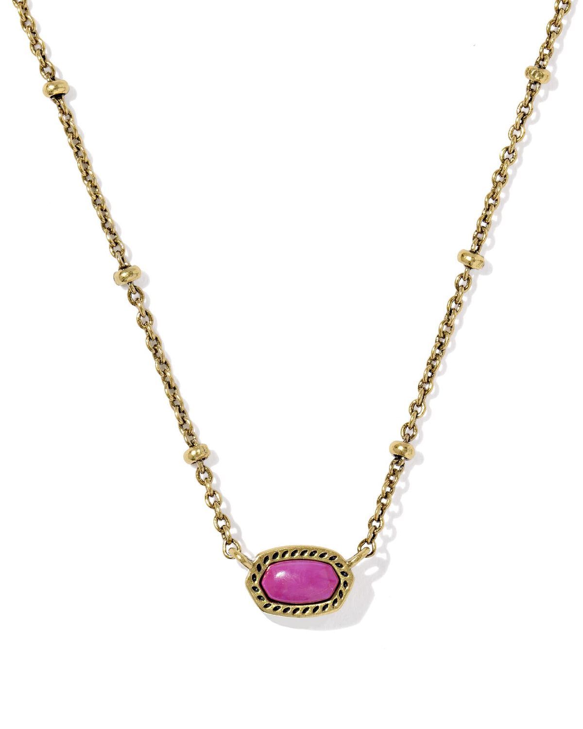 Mini Elisa Satellite Short Pendant Necklace with a pink oval stone and gold-tone beaded chain.