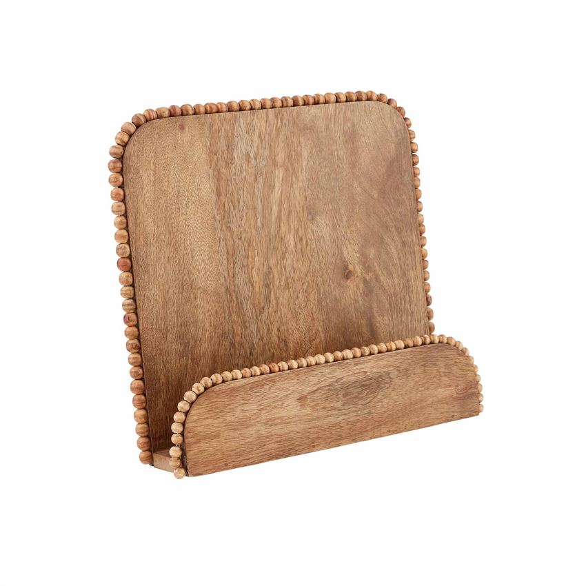 Square mango wood cookbook holder with beaded edge detail.