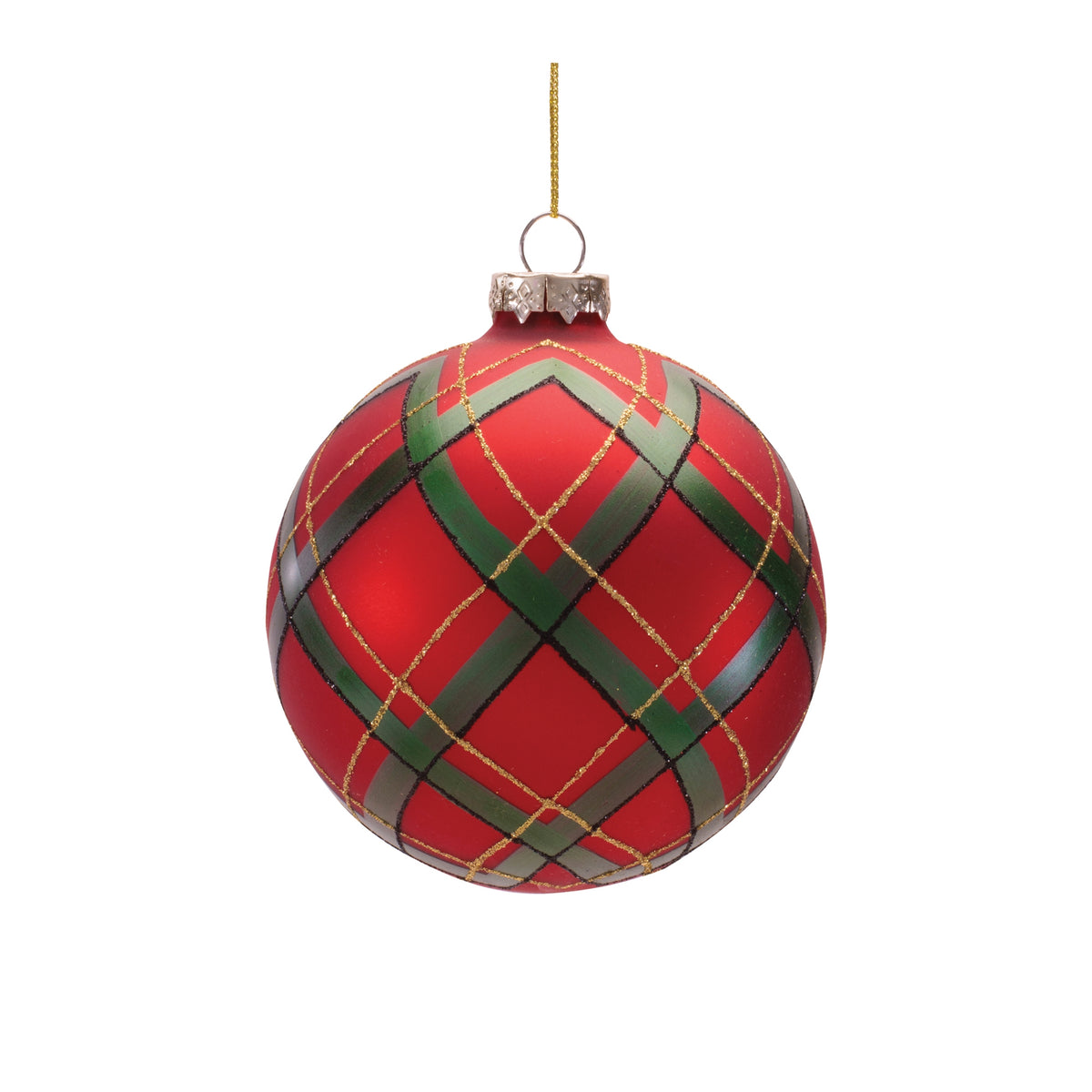 Glass ornament with classic plaid pattern in festive colors