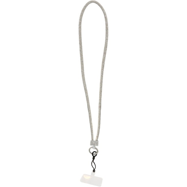 White gemmed crossbody phone lanyard with silver-tone hardware and a clear attachment tab.