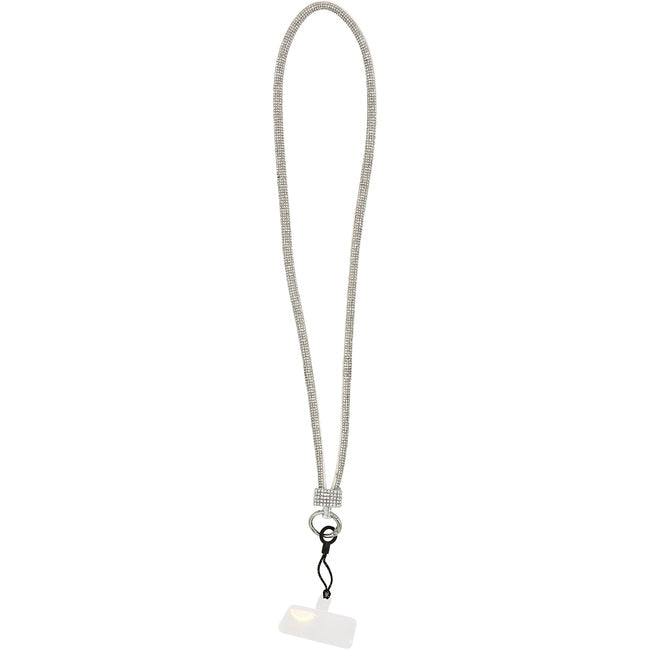 White gemmed crossbody phone lanyard with silver-tone hardware and a clear phone attachment tab.