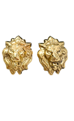 A pair of gold-toned lion head stud earrings with detailed manes and facial features.