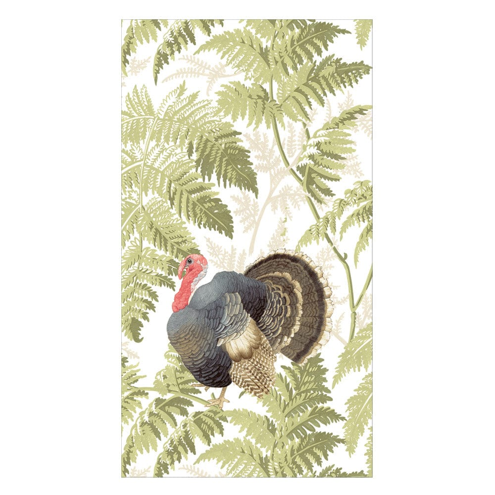 Turkey Among Ferns Guest Towel featuring a wild turkey illustration against a green fern background.