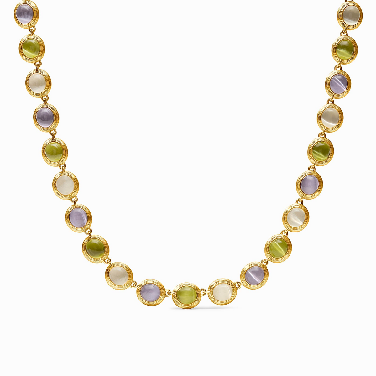 Cobblestone Tennis Necklace in 24K gold plate with green, purple, and white glass stones.