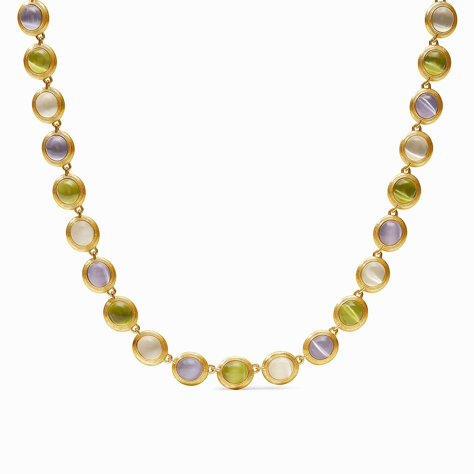 Cobblestone Tennis Necklace in 24K gold plate with green, purple, and white glass stones.