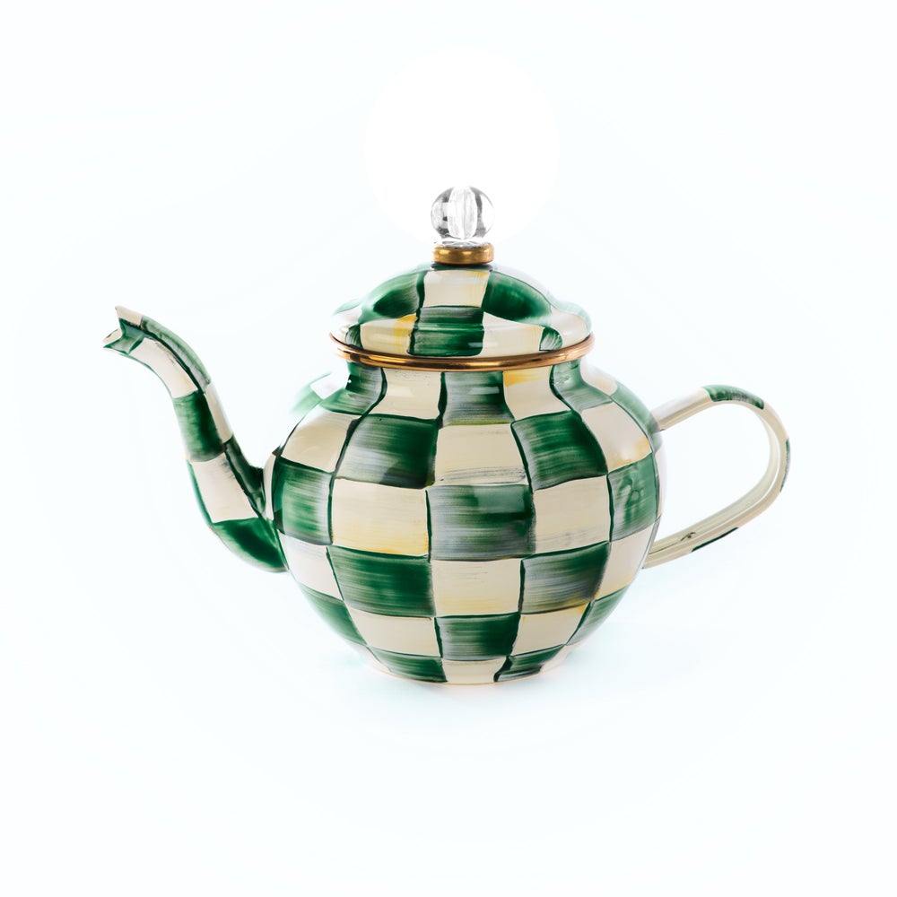 Hand-glazed steel teapot with emerald checkered pattern, bronzed stainless rim, and brass accents.