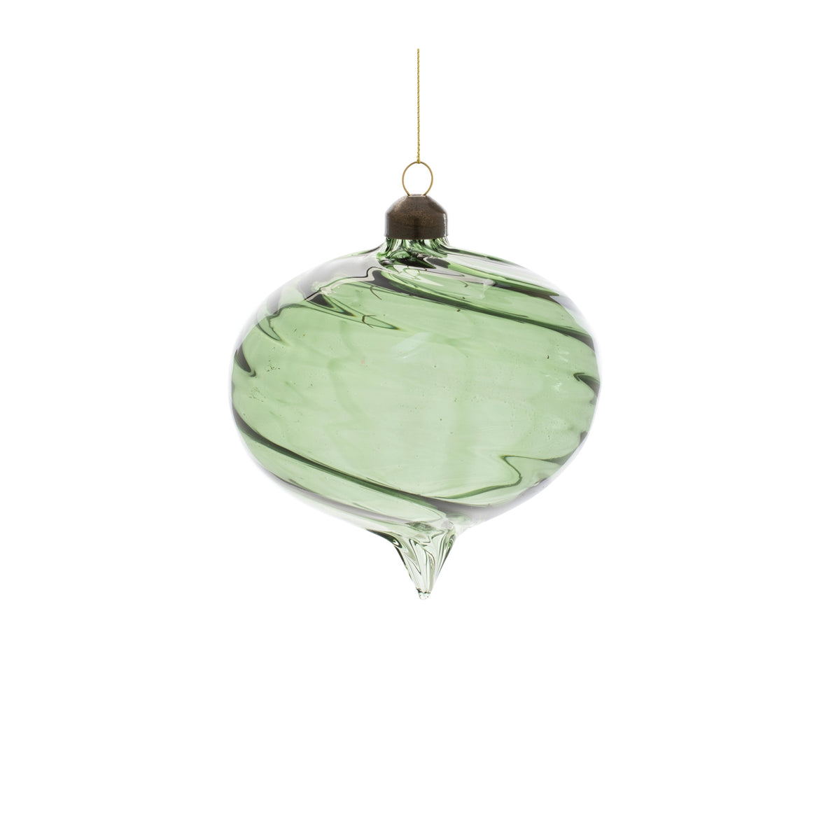 Light green glass onion-shaped ornament with a swirl texture and bronze cap.