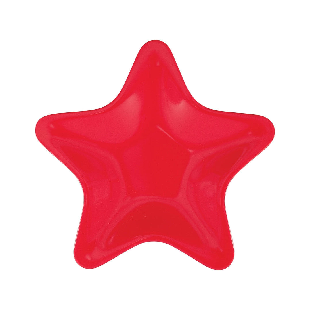 Holiday red 8-inch melamine star-shaped plate with a glossy finish.