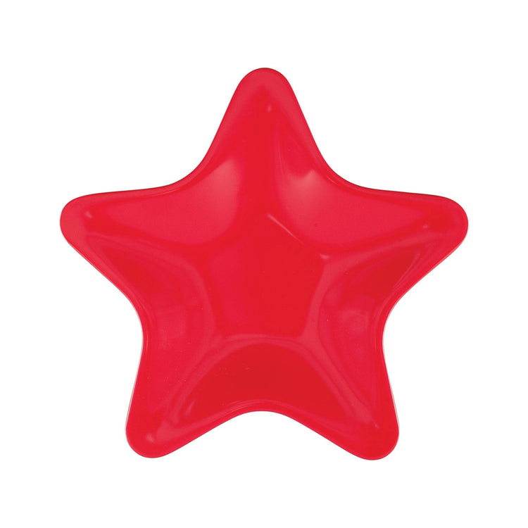 Holiday red 8-inch melamine star-shaped plate with a glossy finish.