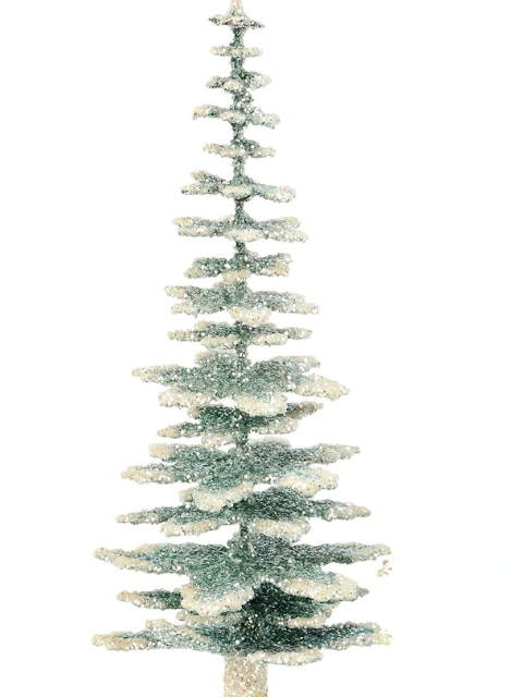 12.5-inch tall green and white glittered evergreen tree tabletop Christmas decoration.