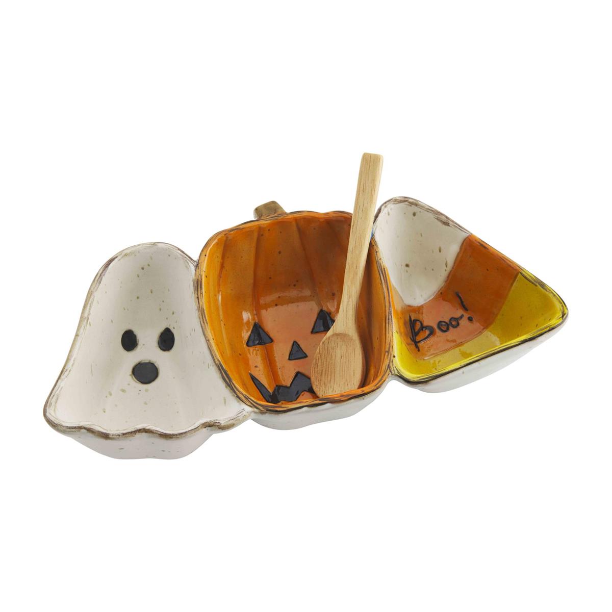 Triple stoneware Halloween candy dish with orange pumpkin motif
