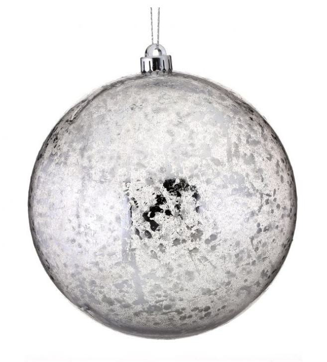 8-inch metallic leaf vacuum plate ball ornament with a reflective silver finish.