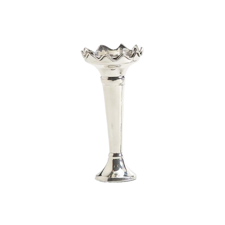 Silver-plated brass single stem bagatelle vase with a scalloped rim and tapered base.