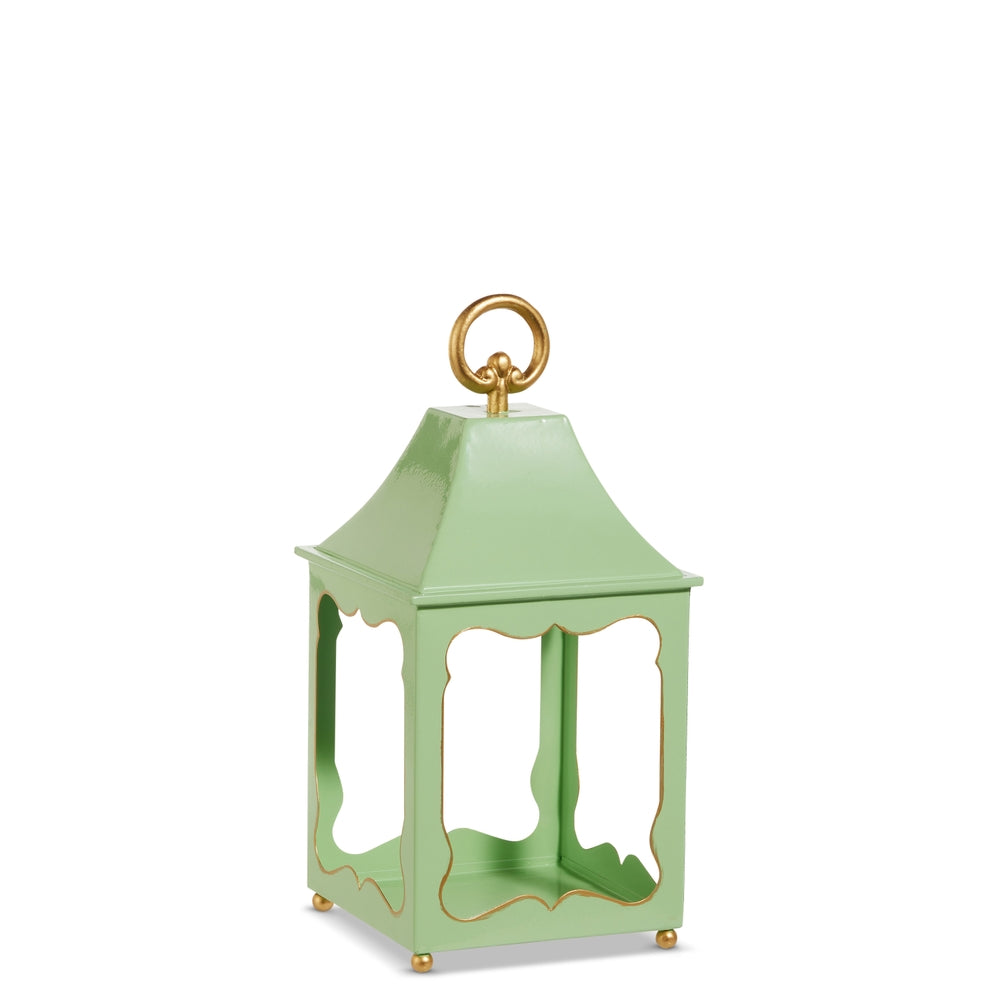 Black iron lantern with a rectangular frame measuring 6 inches wide by 6 inches deep and standing 13.5 inches tall.