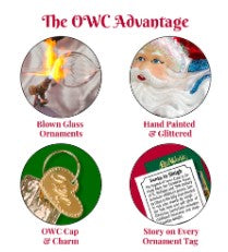 Infographic showing OWC advantages: blown glass, hand painting, OWC cap and charm, and story tag.