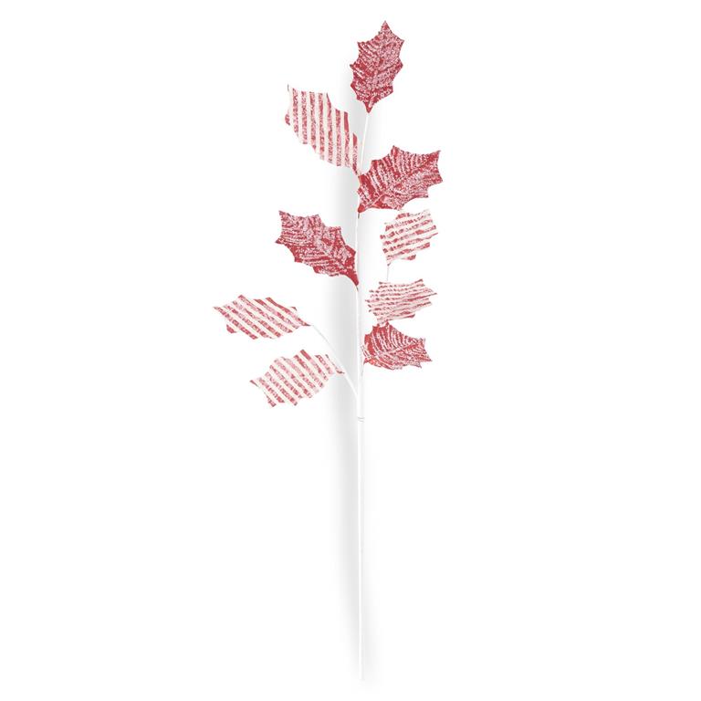 30 inch glittered red and white flocked fabric holly leaf stem with a white central branch.