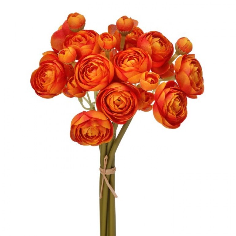 Bundle of eleven-inch garden ranunculus flowers in natural tones.