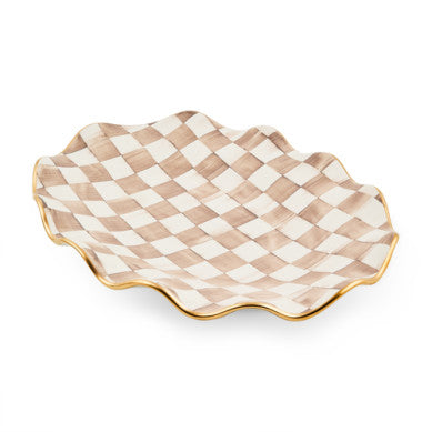 Handmade mocha ceramic large serving platter with gold lustre embellishments and check pattern.