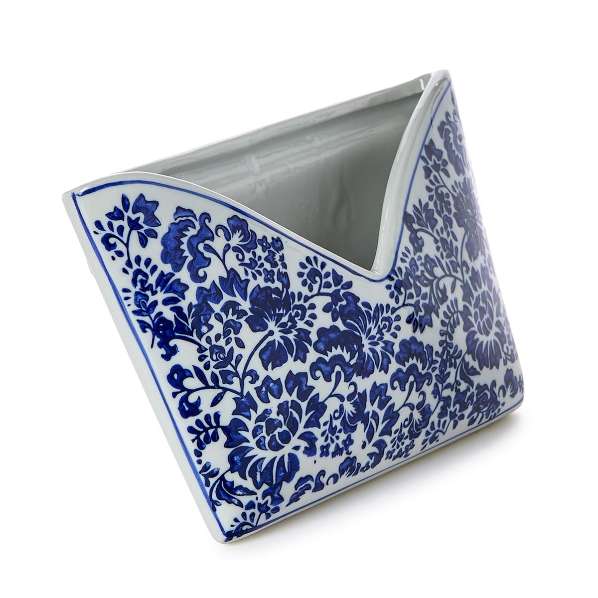 Chinoiserie blue and white hand-painted floral porcelain letter holder on a white background.