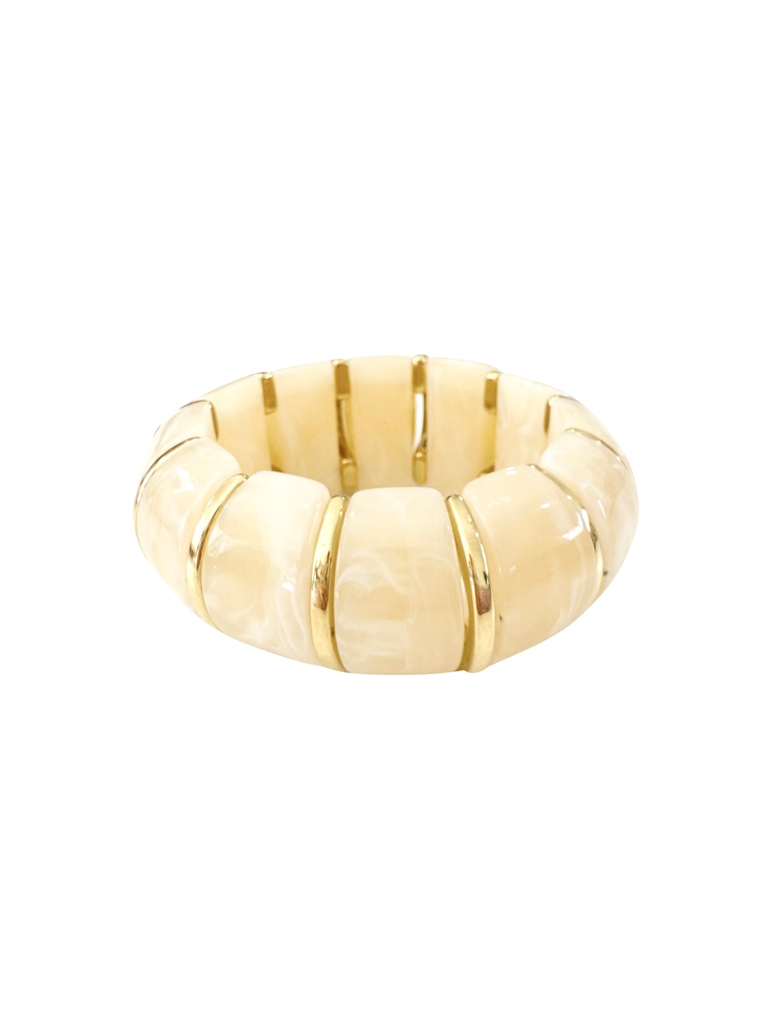 Neva stretch bracelet featuring cream marbled acrylic stone beads with 18k gold-plated spacers.