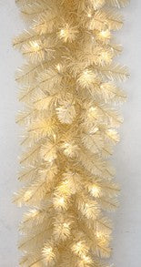 9' Vintage White Spruce Tinsel Garland with 100 warm white micro LED lights.