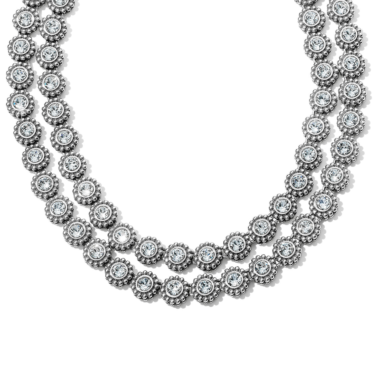 Twinkle Double Link Necklace featuring two strands of silver-plated links with clear crystals.