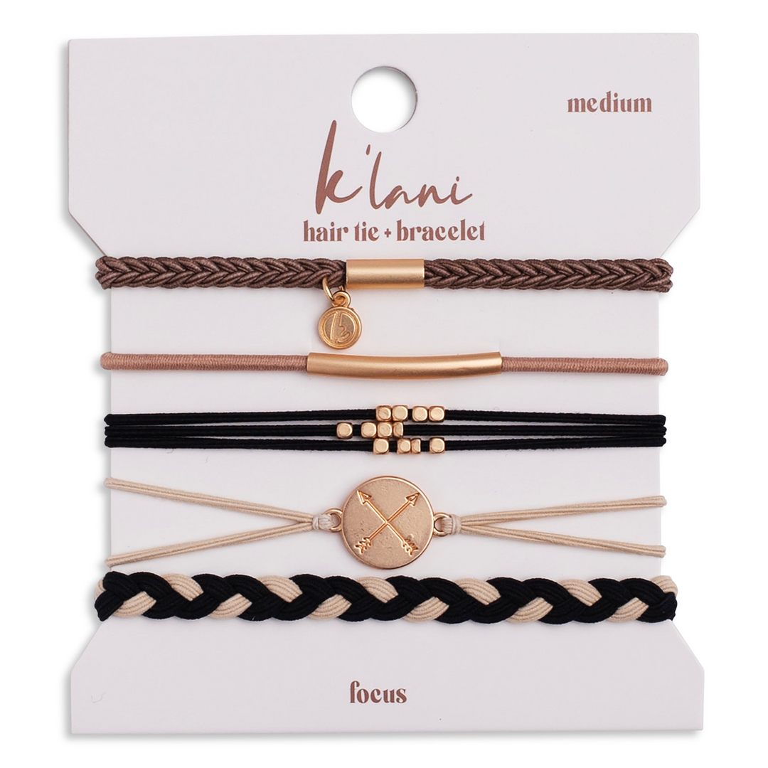 Focus set of five black, gold, and tan hair tie bracelets with arrow and bead charms.