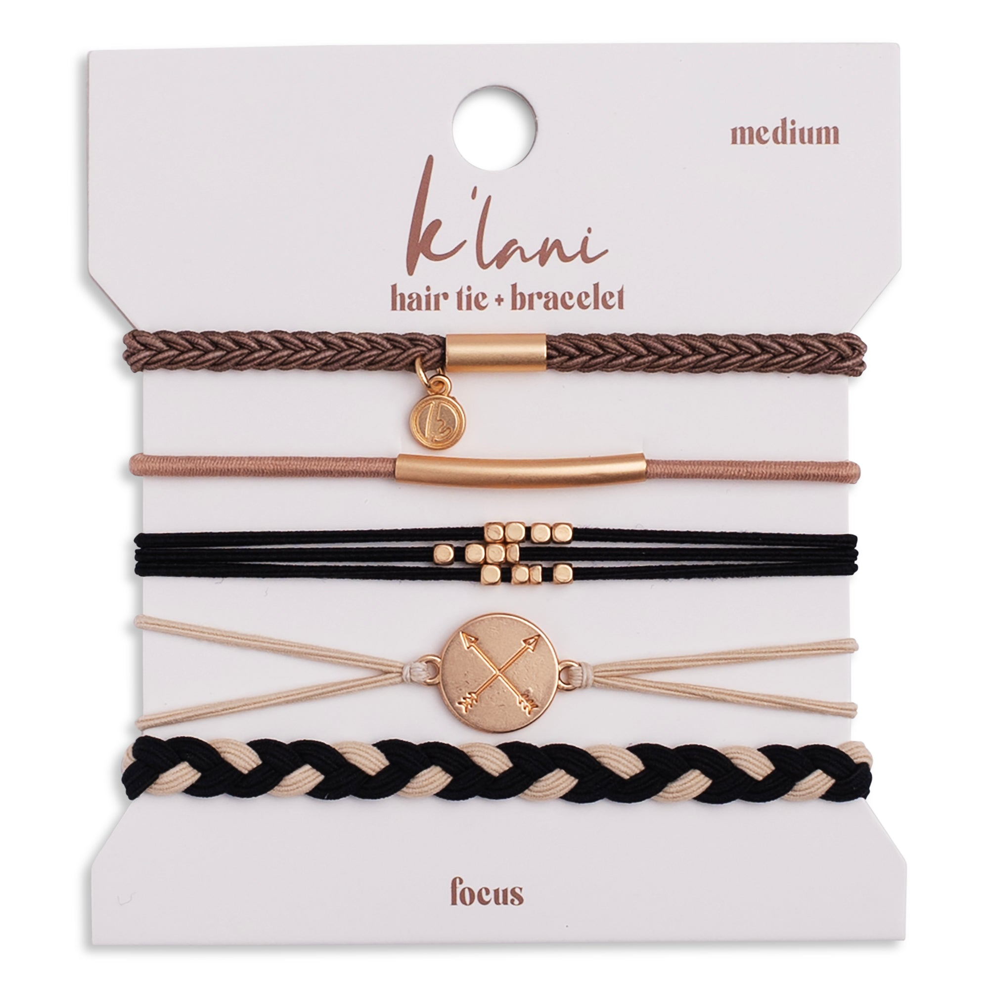 Focus set of five black, gold, and tan hair tie bracelets with arrow and bead charms.
