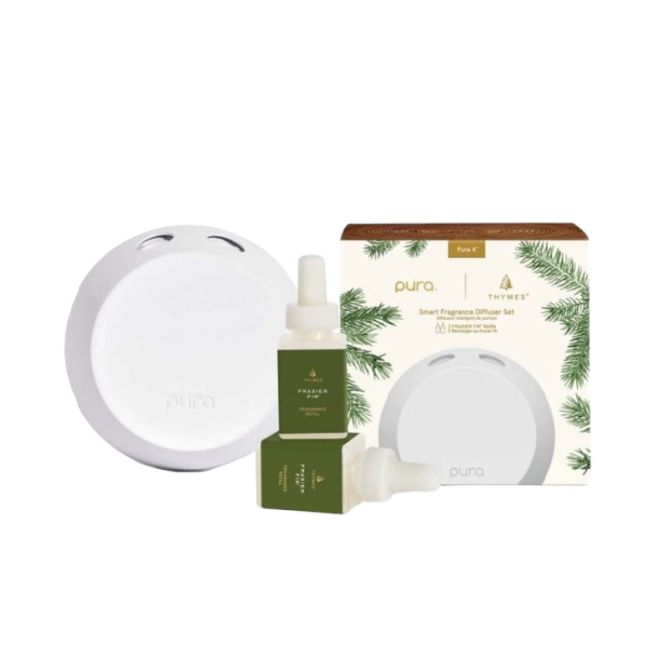Frasier Fir Pura Diffuser Kit V4 set including a white smart diffuser and two fragrance refills.