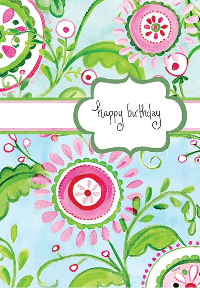 Watercolor birthday card with a blue background, pink and green floral patterns, and "happy birthday" text.