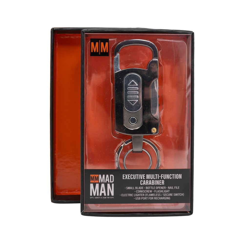 Black multi-function carabiner with electric lighter blade nail file bottle opener corkscrew and flashlight
