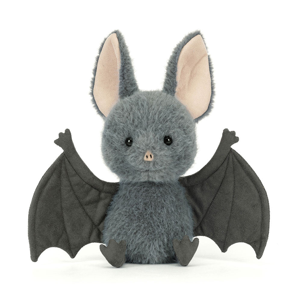 Broox Bat plush toy with grey fuzzy fur, large pointed ears, and spread wings.