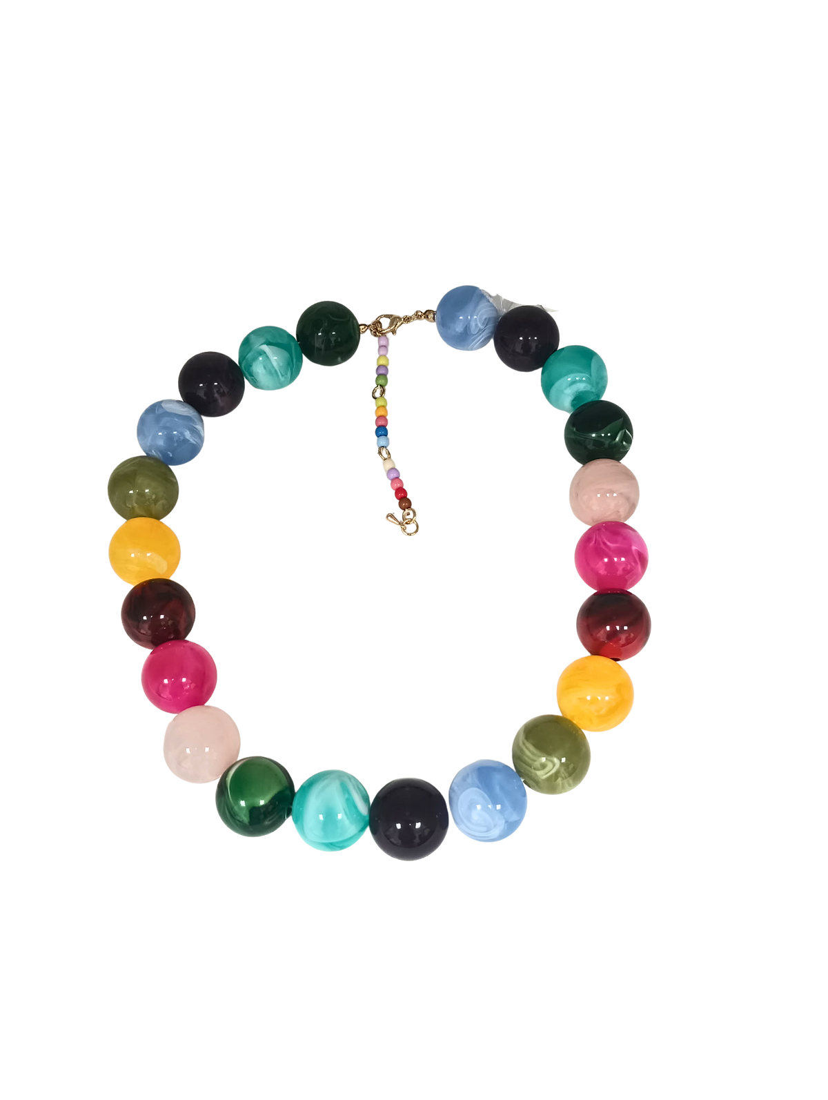 Celia chunky necklace with large colorful resin beads and 18k gold plated clasp.