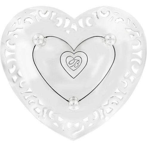 Silver-plated heart-shaped Lacie Daisy Trinket Tray with pierced border and central heart logo.