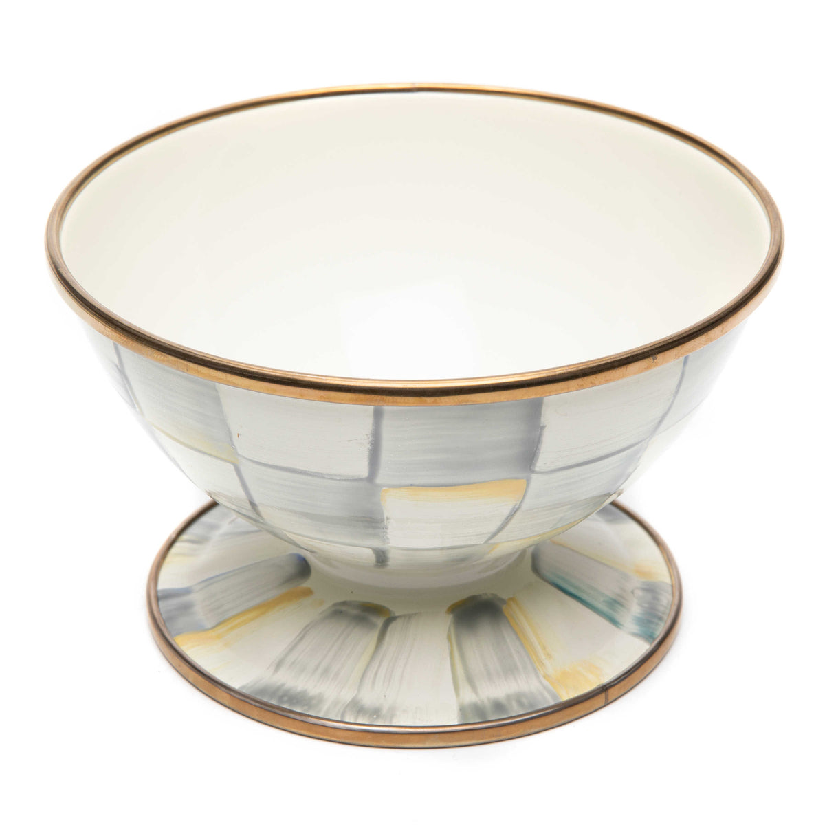Sterling Check Ice Cream Dish with hand-painted grey and white checks and a bronzed steel rim.