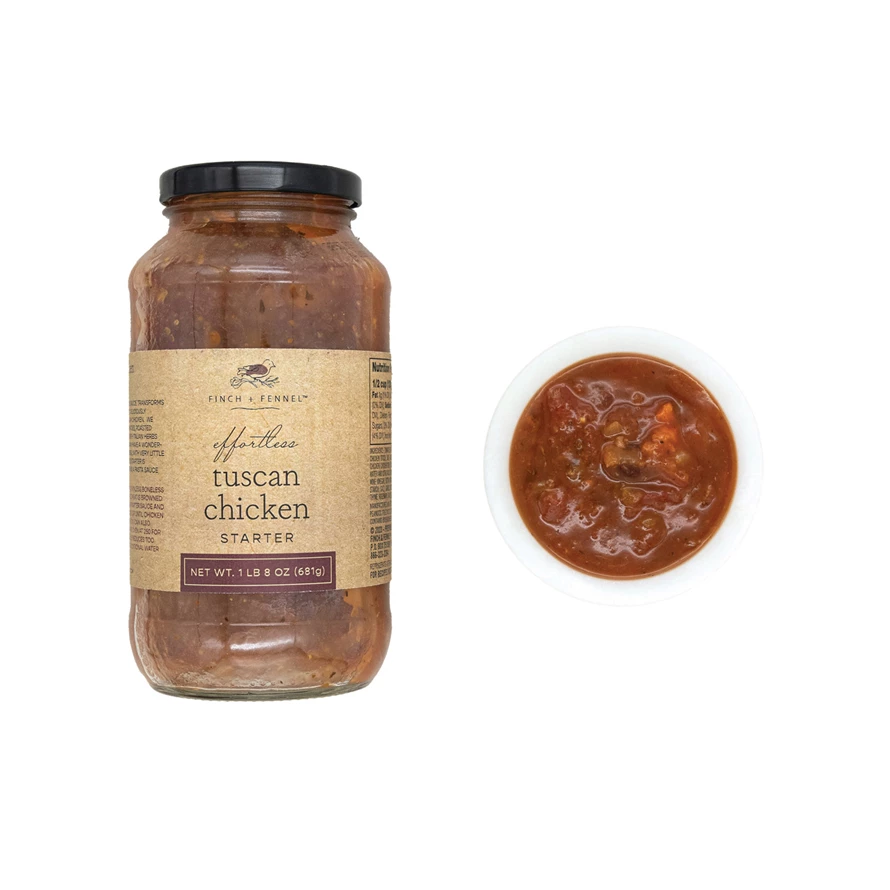 Tuscan Chicken Starter jar with tomatoes, garlic, olives, and Italian herbs.
