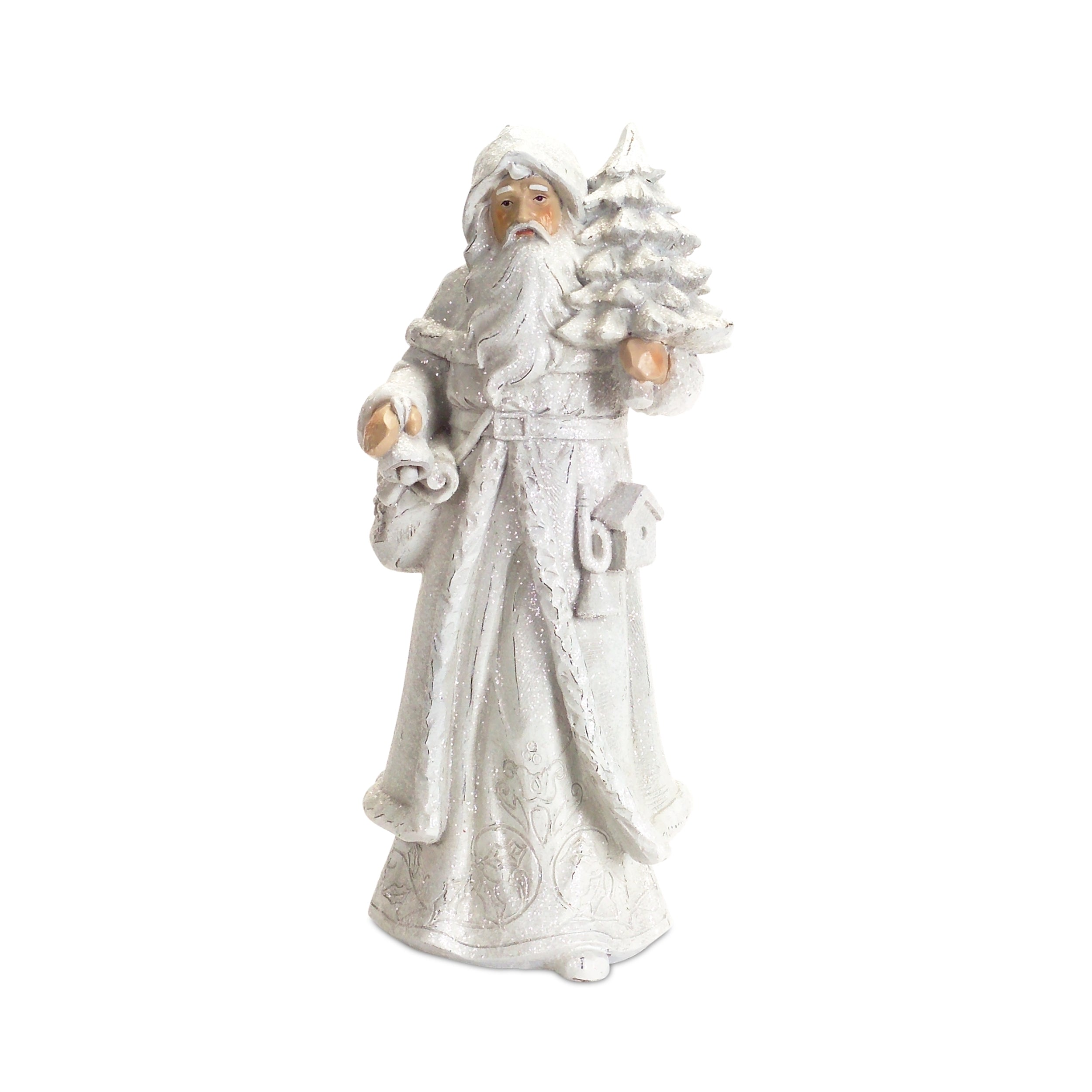 Polyresin Santa figurine standing 13 inches tall with a red hat and white beard.