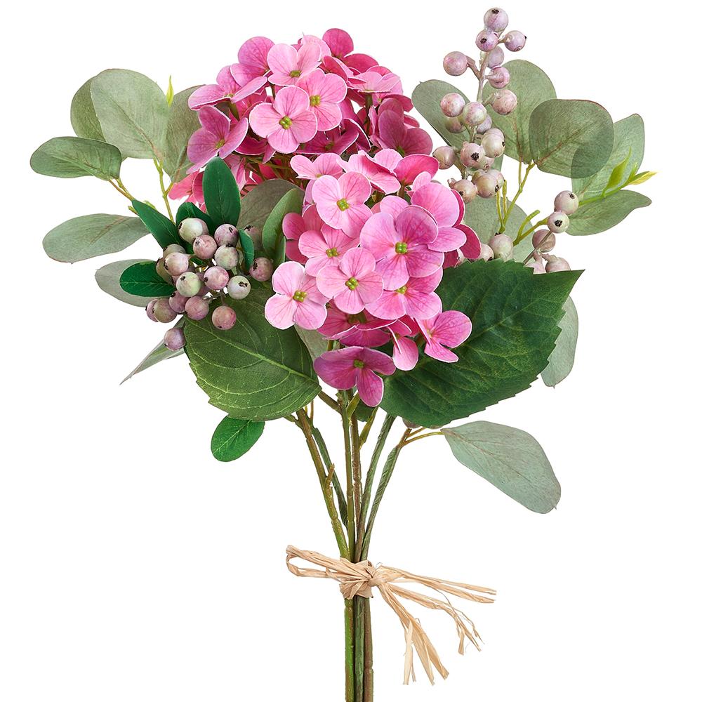 Artificial hydrangea and eucalyptus bouquet in fabric with wire stems