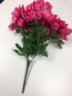 Artificial pink peony bush with 8 blooms and green leaves.
