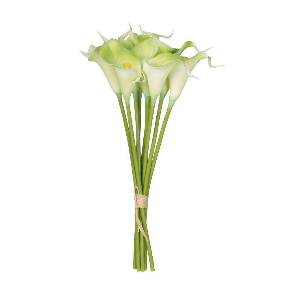 Green faux floral arrangement with realistic detailing in a simple vase.
