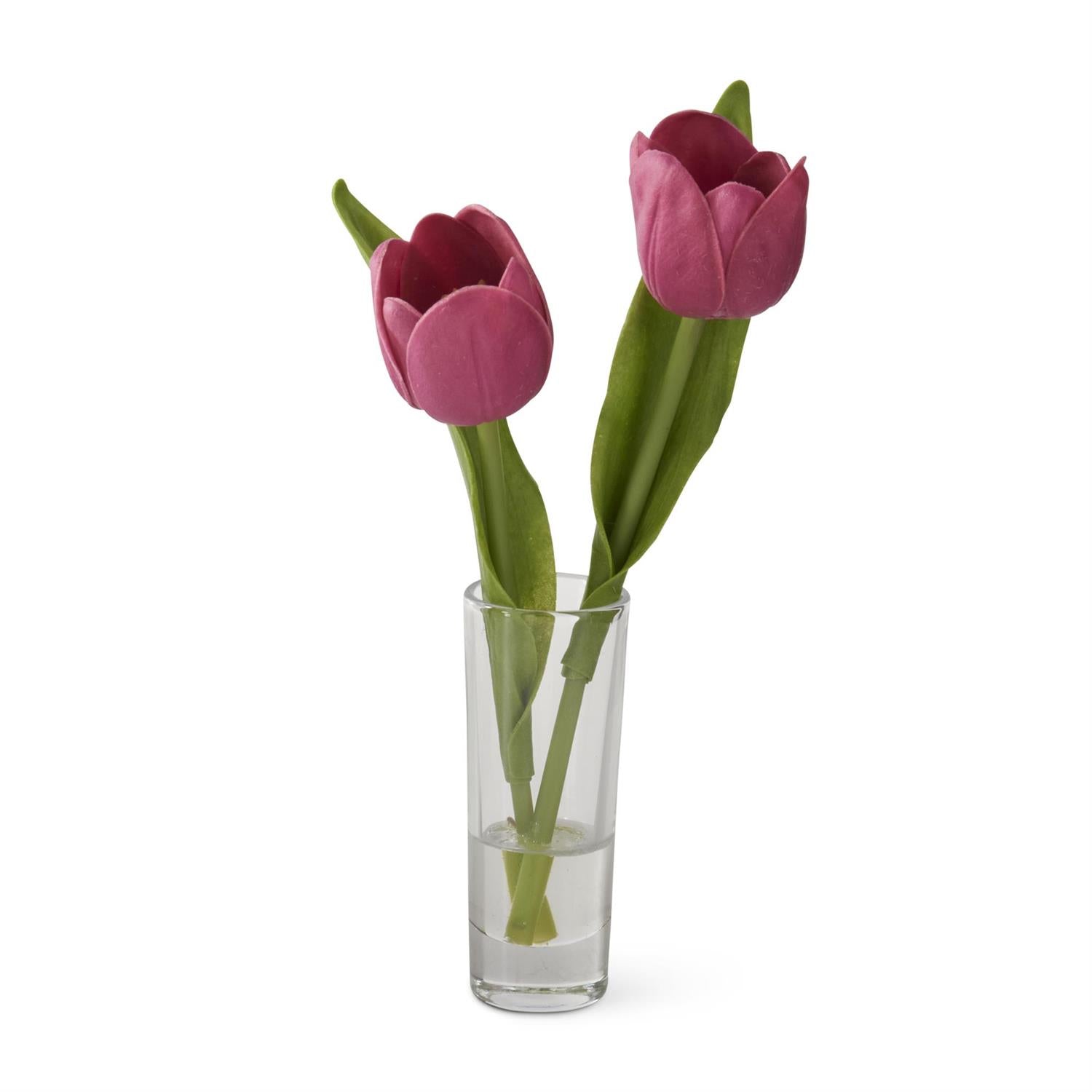 8.5-inch glass vase holding a double tulip arrangement with faux flowers in realistic colors.
