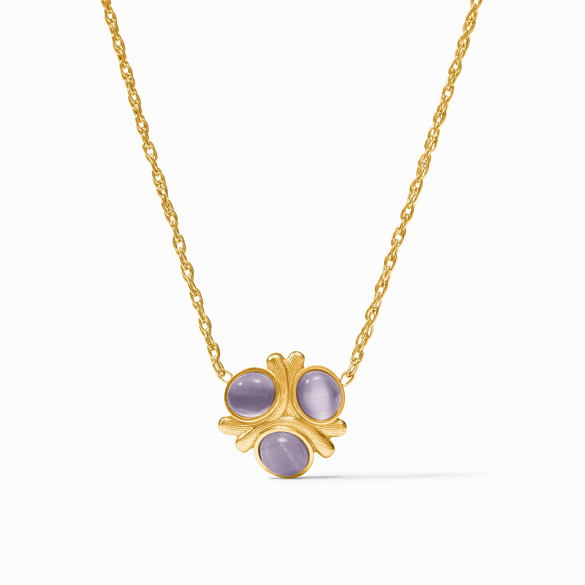 Gold chain necklace with a three-stone purple glass pendant in a textured 24K gold plate setting.
