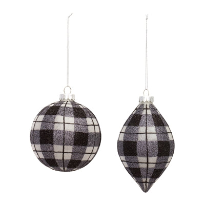 Glass Christmas ornament with black and white plaid pattern
