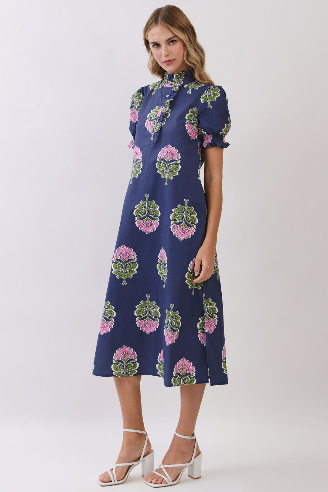 Lysa Floral Print Ruffle Collar Button Down Midi Dress