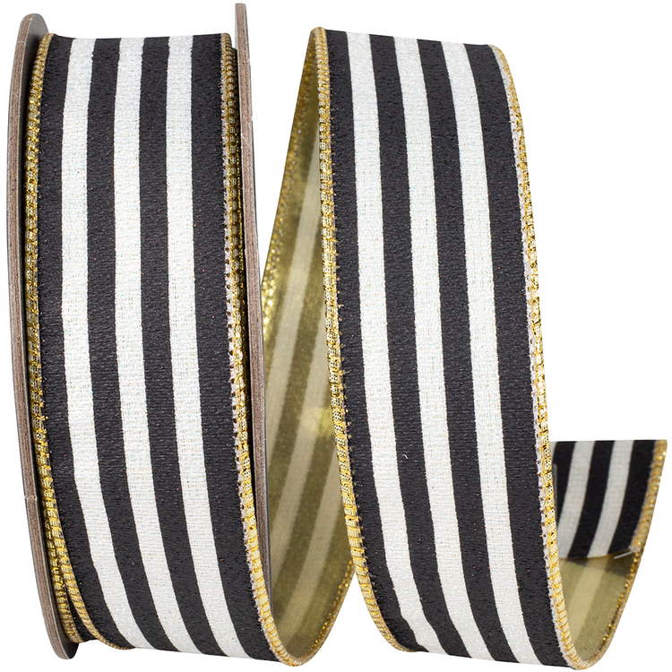 Black and white striped wired edge ribbon with gold metallic backing and sparkle finish.