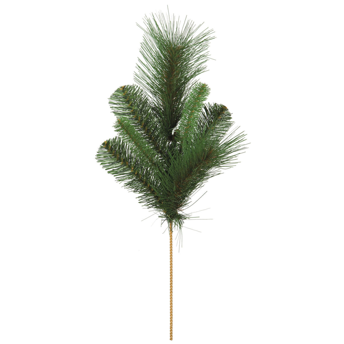 Artificial mixed pine spray with green needles on a brown textured stem.