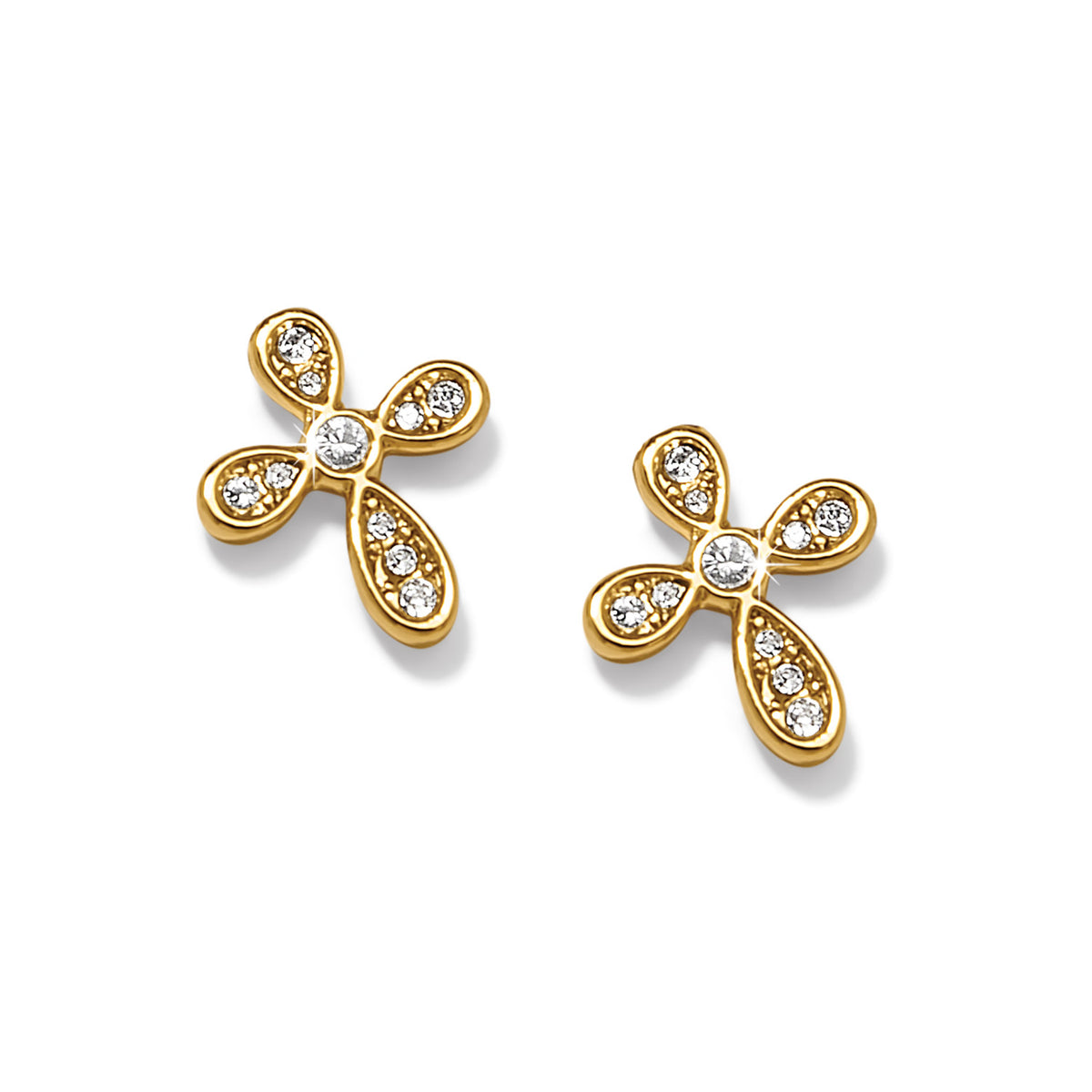Gold plated post earrings featuring flat disc backs with fine quality crystals.