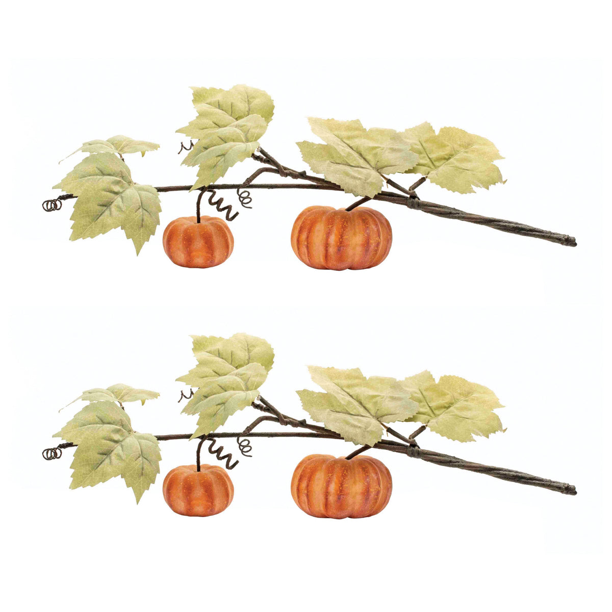 Two artificial pumpkin vines with orange foam pumpkins, green polyester leaves, and brown wire stems.