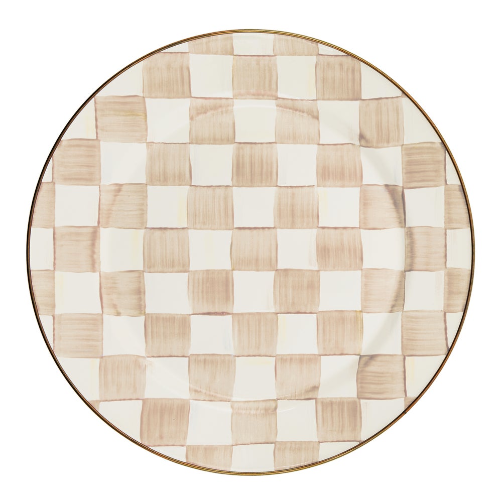 Mocha Check Charger Plate with hand-painted tan and white checkered pattern and bronzed steel rim.